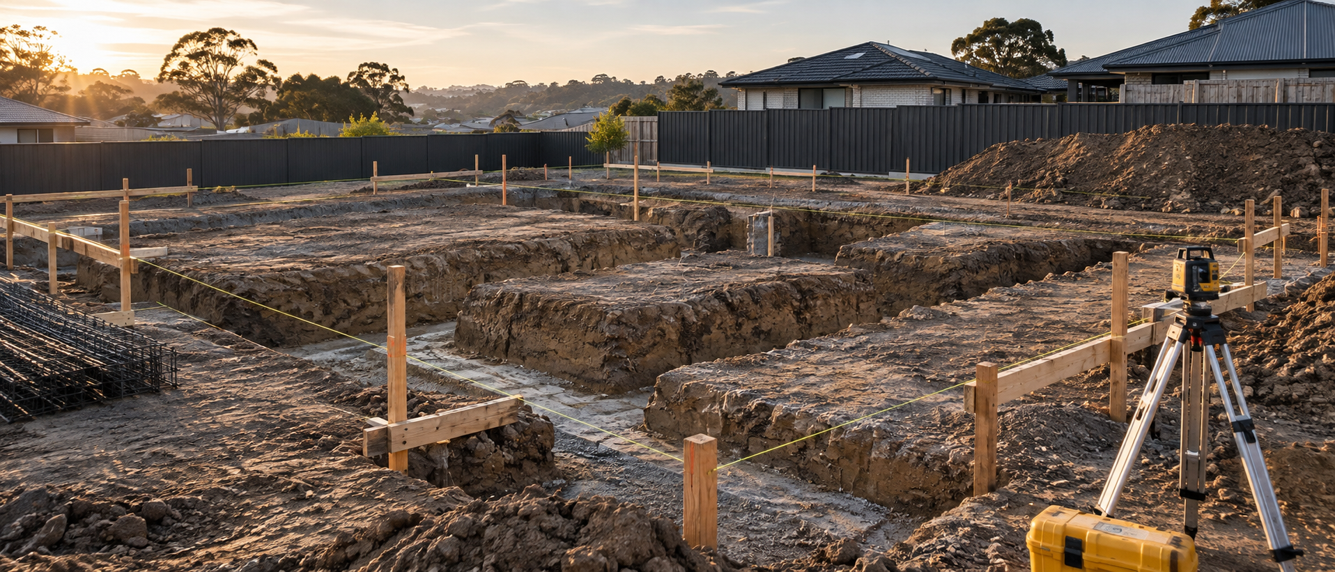 Residential foundation excavation with set-out lines and surveying equipment